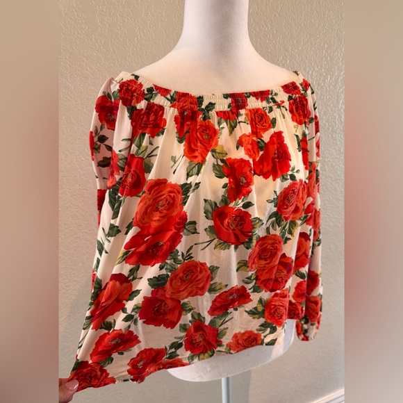 Forever 21 Rose Floral Print Off-the-Shoulder Flowy Top – White/Red – Size S/M - Picture 7 of 16